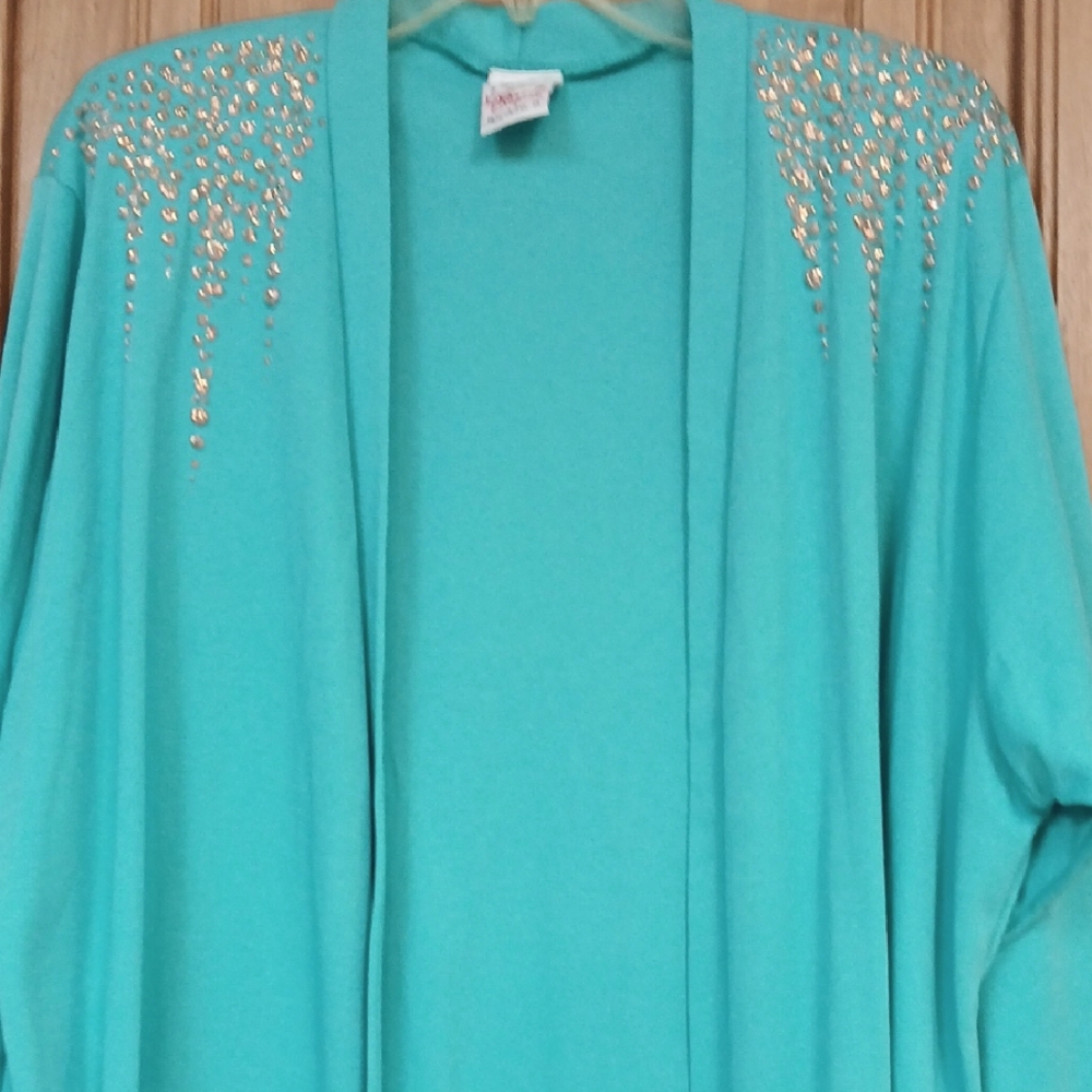 Women's Turquoise Sweater with Gold Accents-Handpainted Original by Lana Rogers